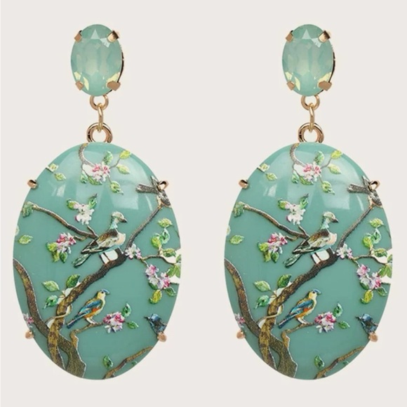 Jewelry - ASIAN TURQUOISE DROP EARRINGS WITH PAINTED BIRD AND FLOWER THEME